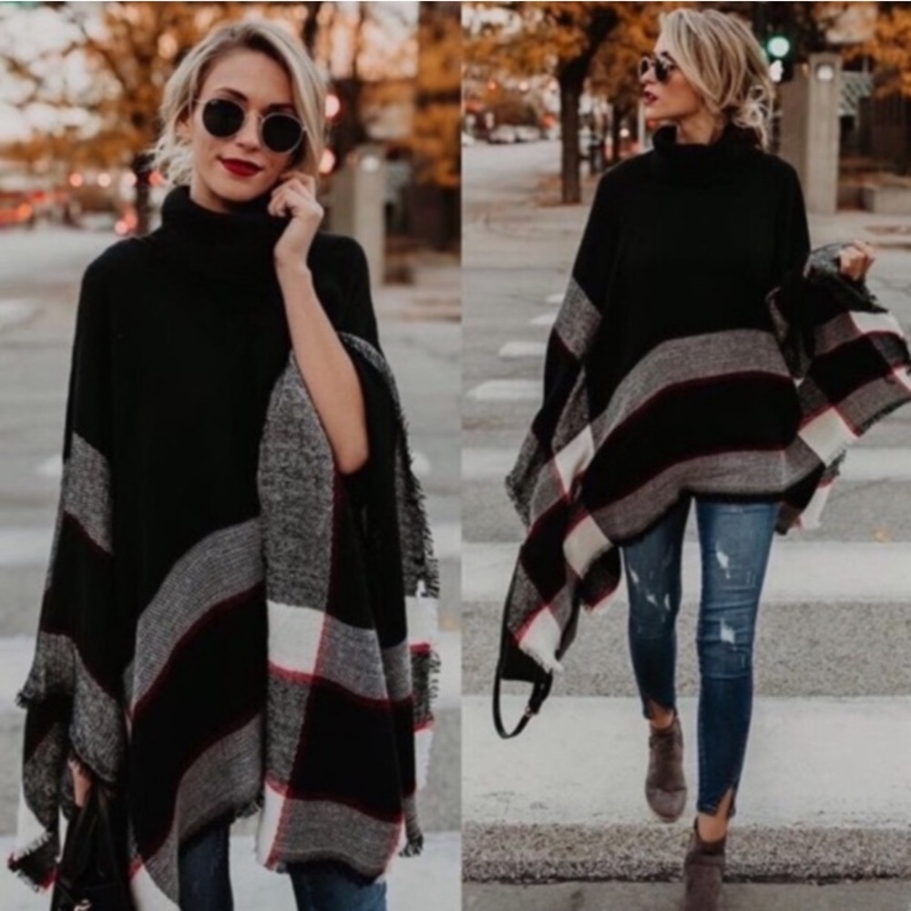 Last 1 🌟New Cozy Chic Plaid Knit Poncho - Picture 2 of 6
